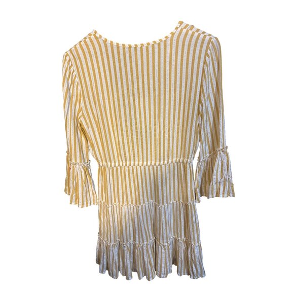 Blue Island Yellow & White Striped Mini Dress With V-Neck & Flowy Sleeves Tiered - Picture 4 of 4